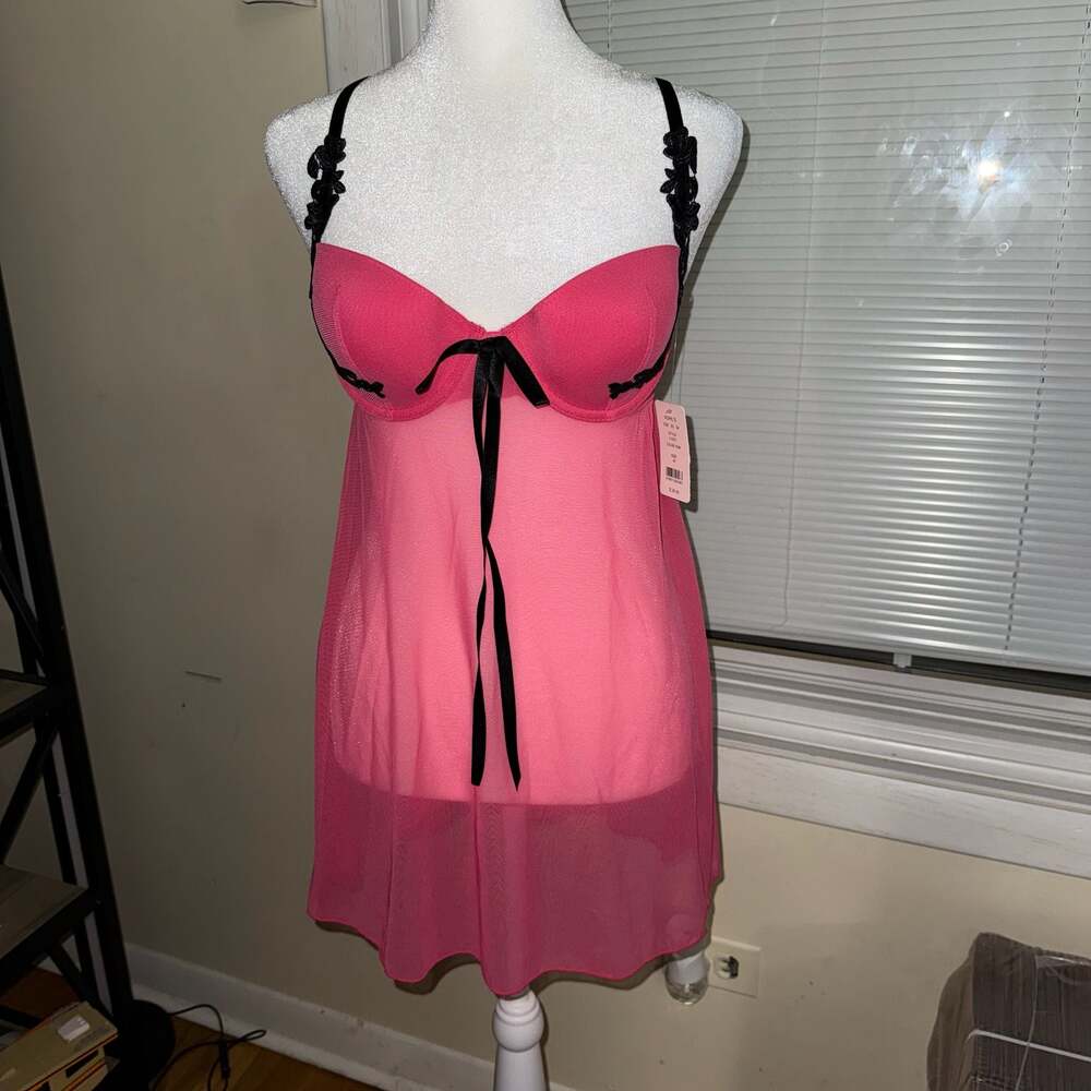 Inner Secrets Hot Pink Mesh Babydoll Lingerie Dress with Black Floral Lace Trim